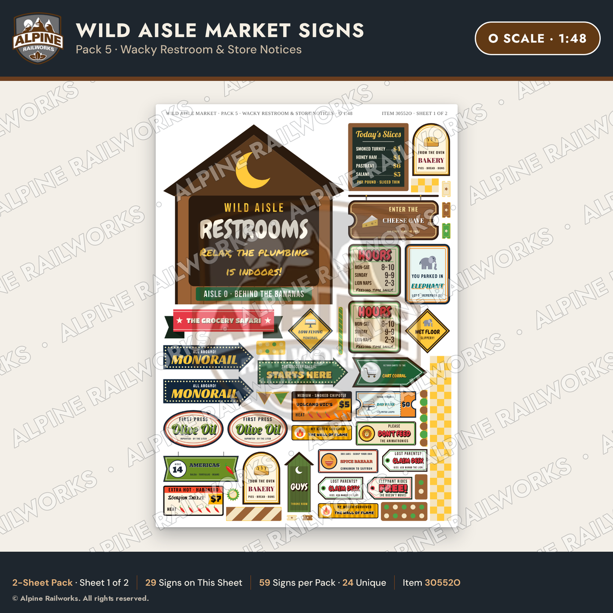 Alpine Railworks 30552O O Scale Roadside Signs - Jungle Grocery Store
