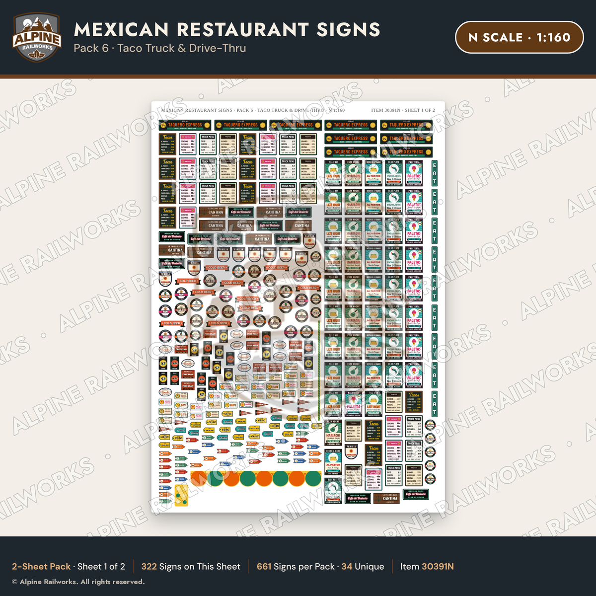 Alpine Railworks 30391N N Scale Mexican Restaurant Signs - Taco Truck
