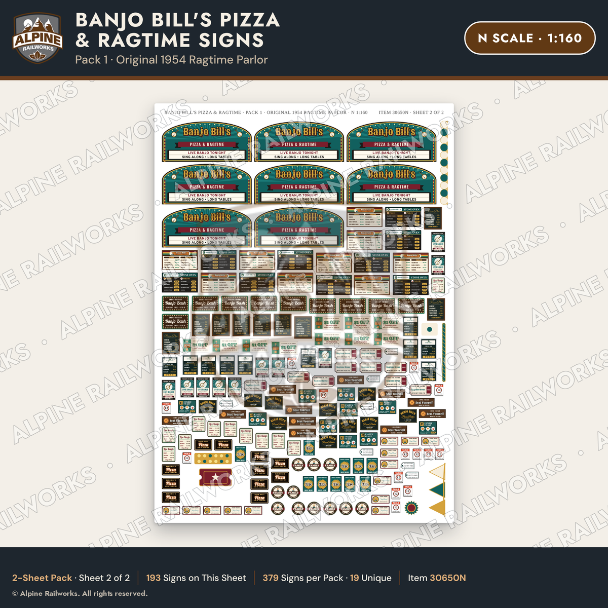 Alpine Railworks 30650N N Scale Restaurant Signs - Pizza & Music Hall
