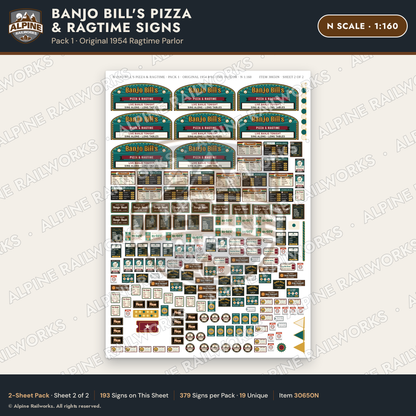 Alpine Railworks 30650N N Scale Restaurant Signs - Pizza & Music Hall