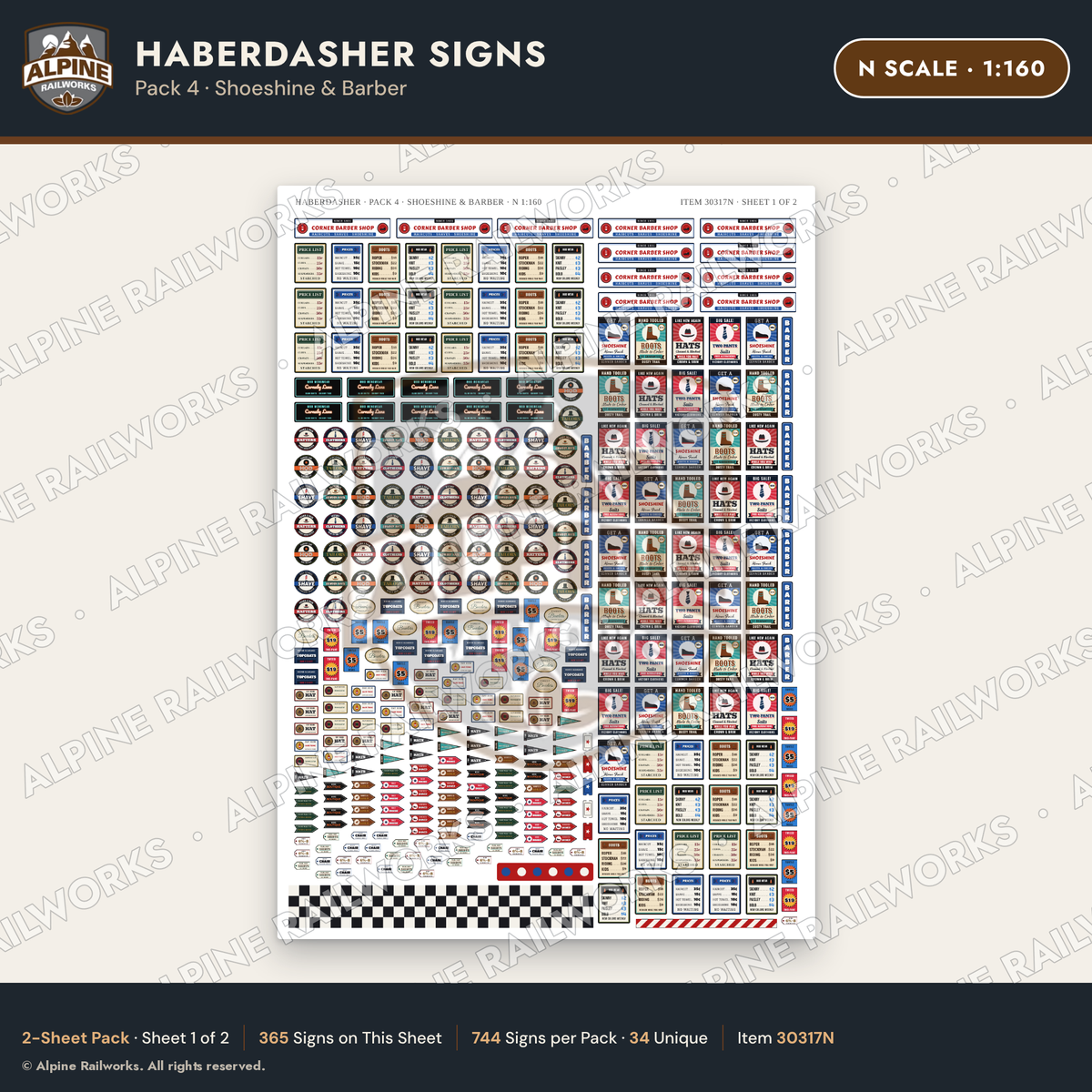 Alpine Railworks 30317N N Scale Haberdasher Signs - Shoeshine & Barber