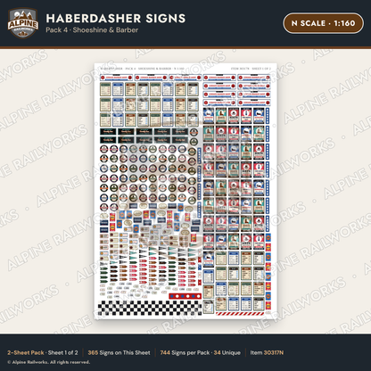 Alpine Railworks 30317N N Scale Haberdasher Signs - Shoeshine & Barber