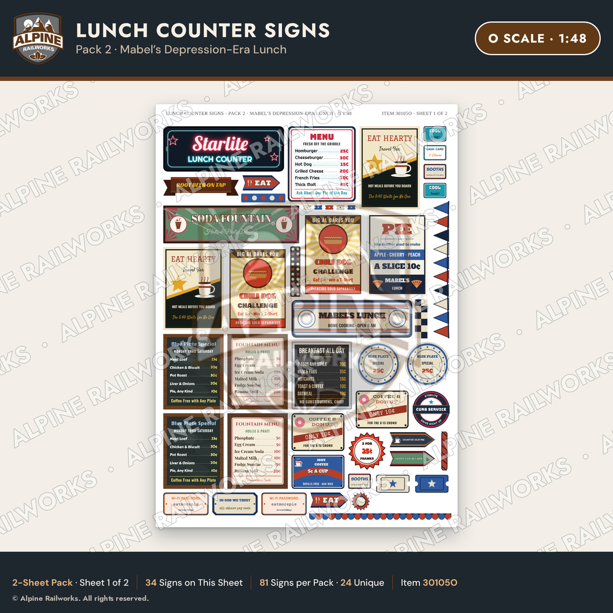 Alpine Railworks 30105O O Scale Lunch Counter Signs
