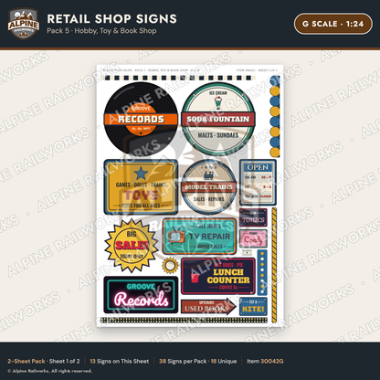 Alpine Railworks 30042G G Scale Retail Shop Signs - Hobby & Toy
