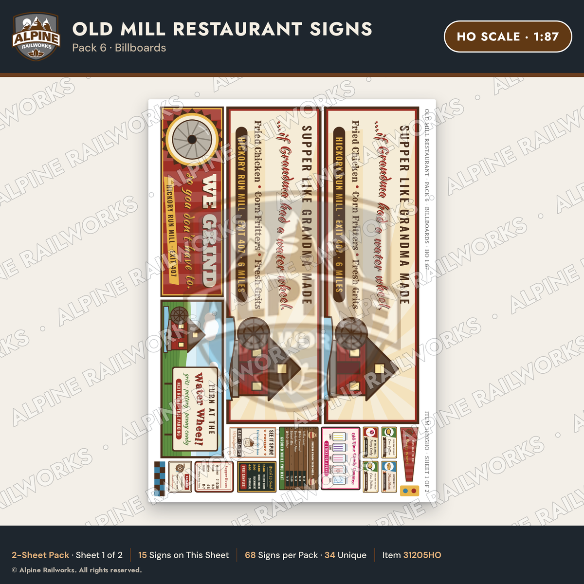 Alpine Railworks 31205HO HO Scale Old Mill Signs - Billboards