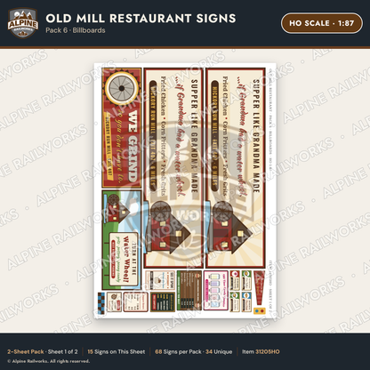 Alpine Railworks 31205HO HO Scale Old Mill Signs - Billboards