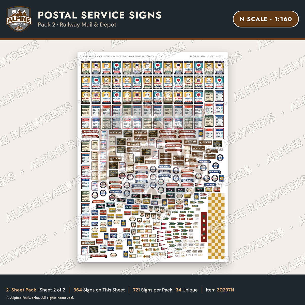 Alpine Railworks 30297N N Scale Postal Service Signs - Railway Mail