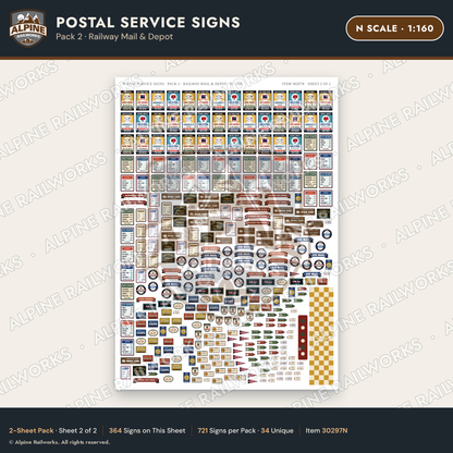 Alpine Railworks 30297N N Scale Postal Service Signs - Railway Mail