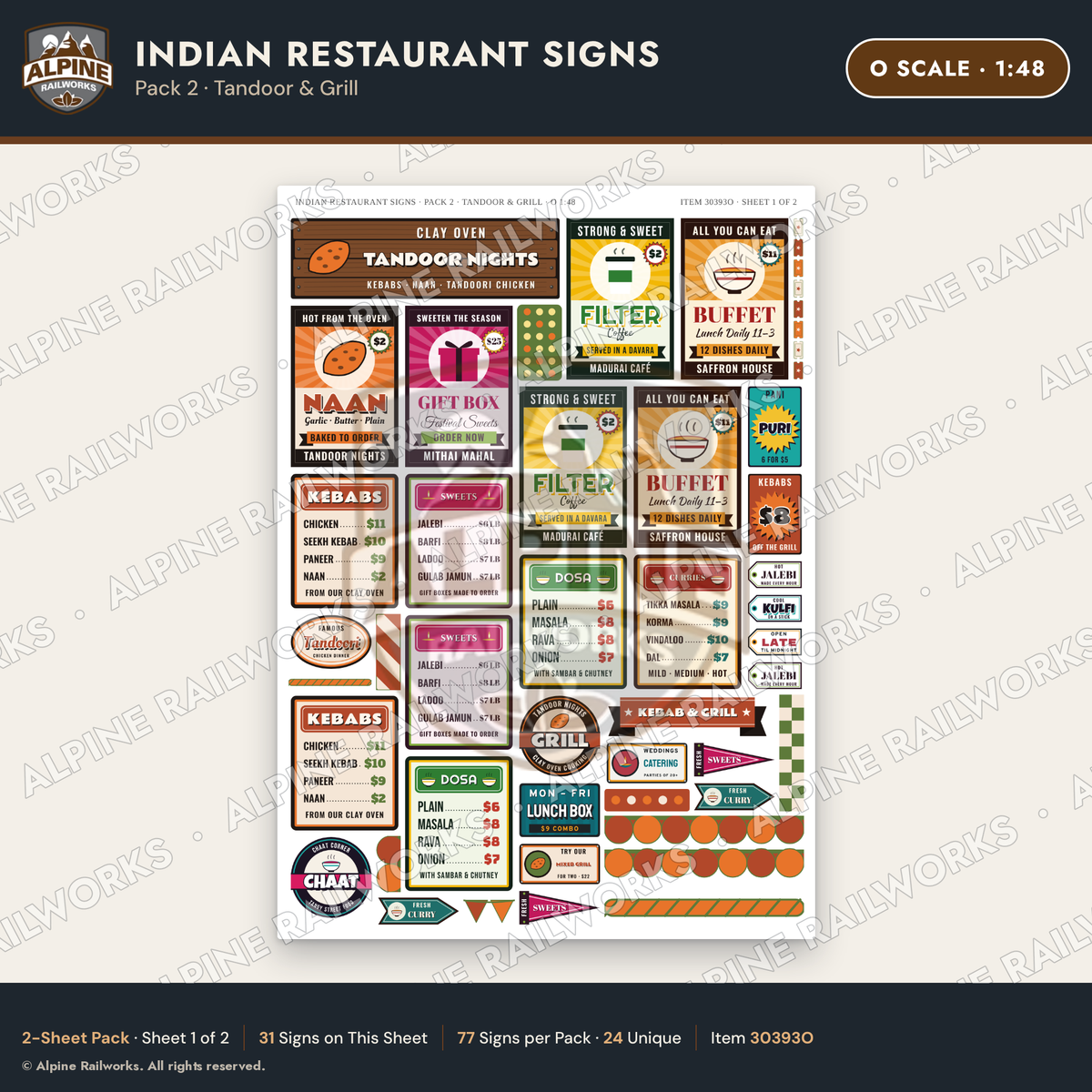 Alpine Railworks 30393O O Scale Indian Restaurant Signs - Tandoor