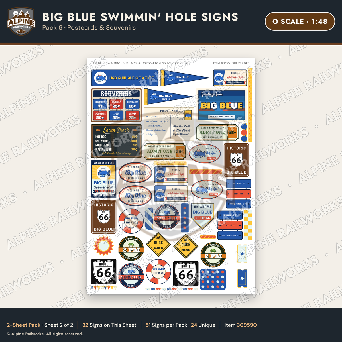 Alpine Railworks 30959O O Scale Roadside Attraction Signs - Blue Whale