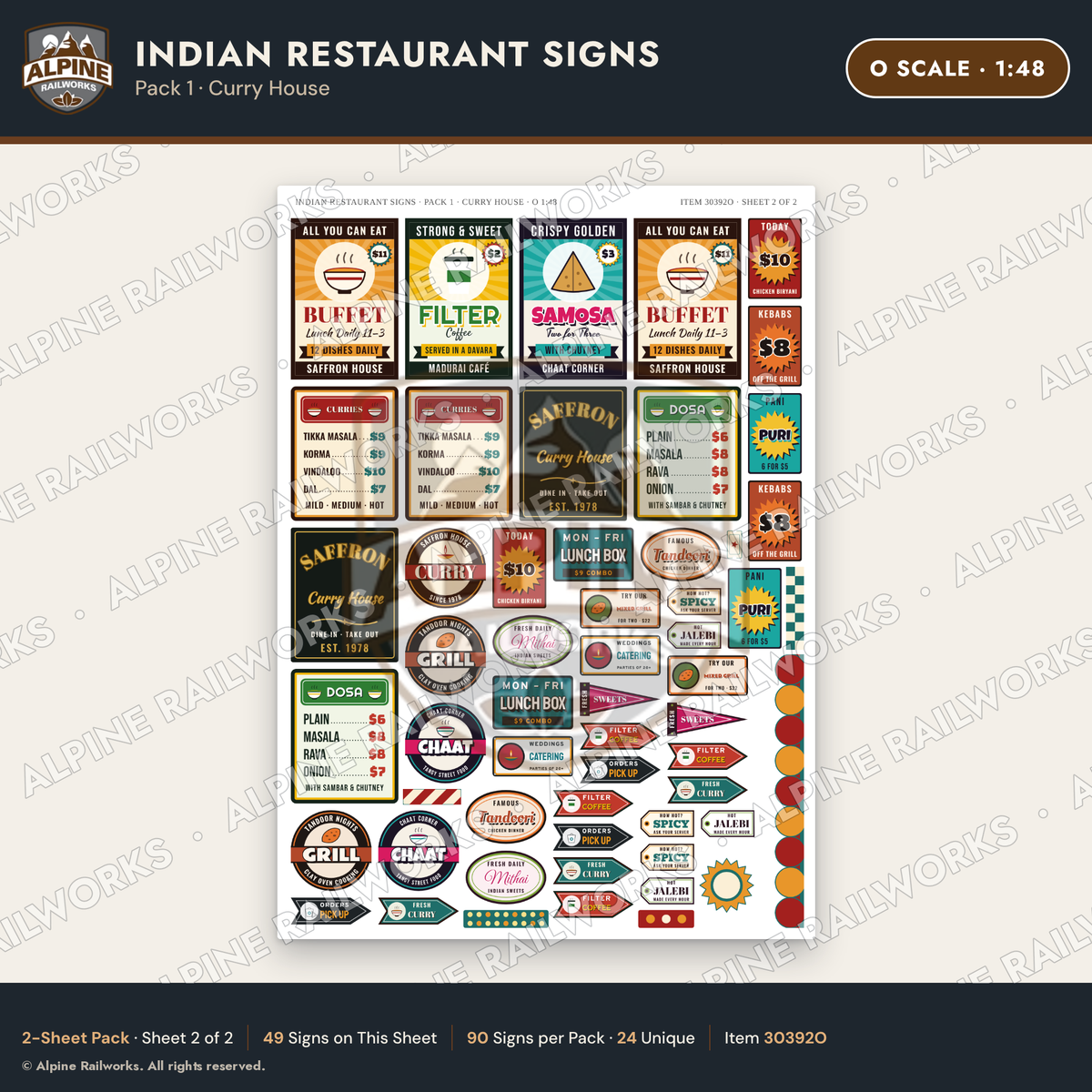 Alpine Railworks 30392O O Scale Indian Restaurant Signs - Curry House