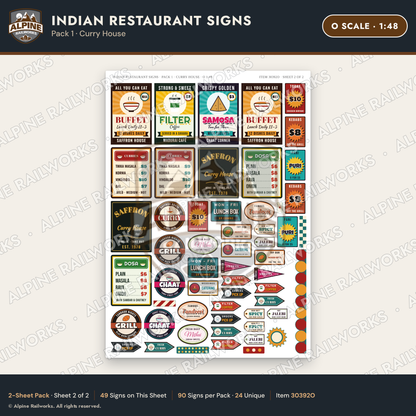 Alpine Railworks 30392O O Scale Indian Restaurant Signs - Curry House