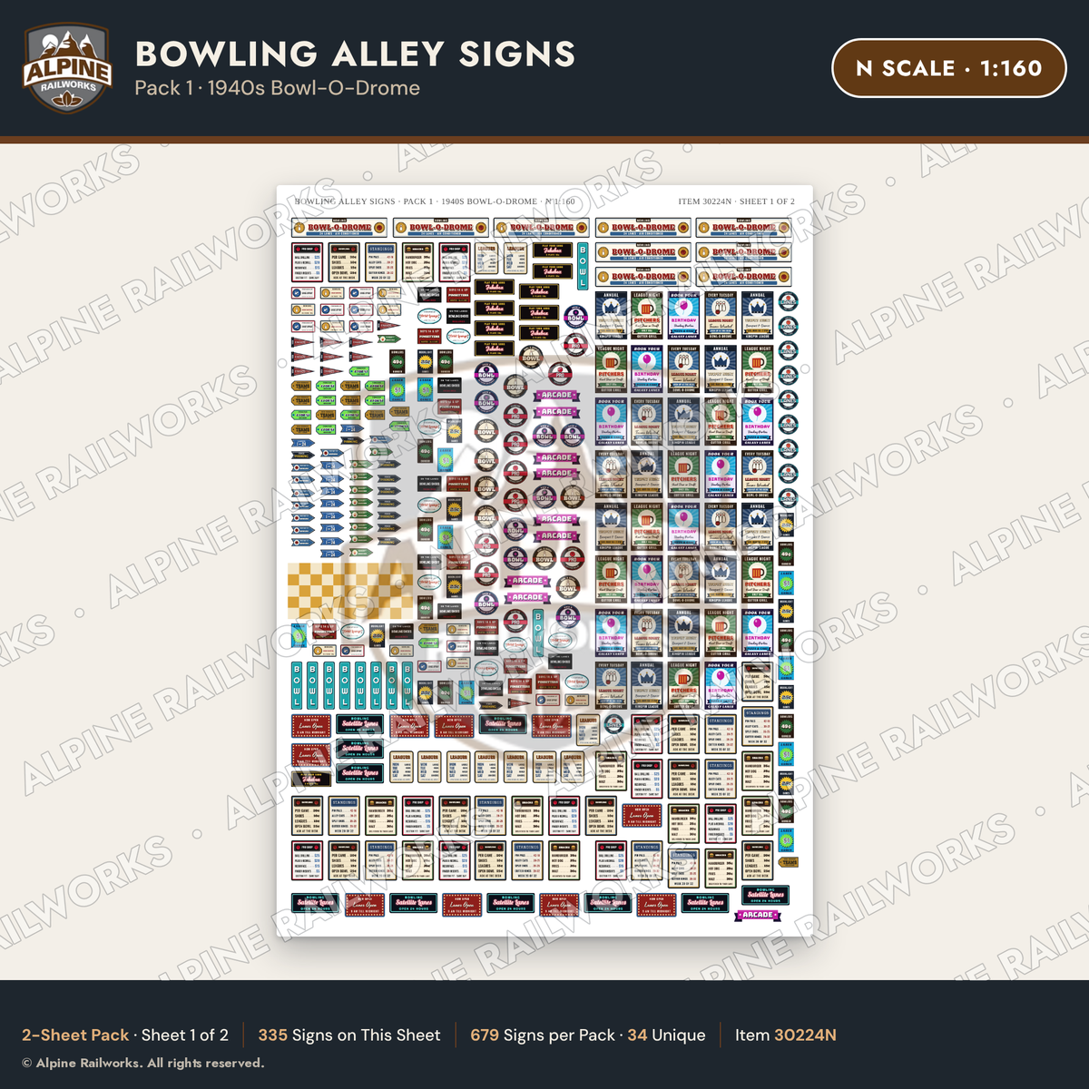 Alpine Railworks 30224N N Scale Bowling Alley Signs - Bowl-O-Drome