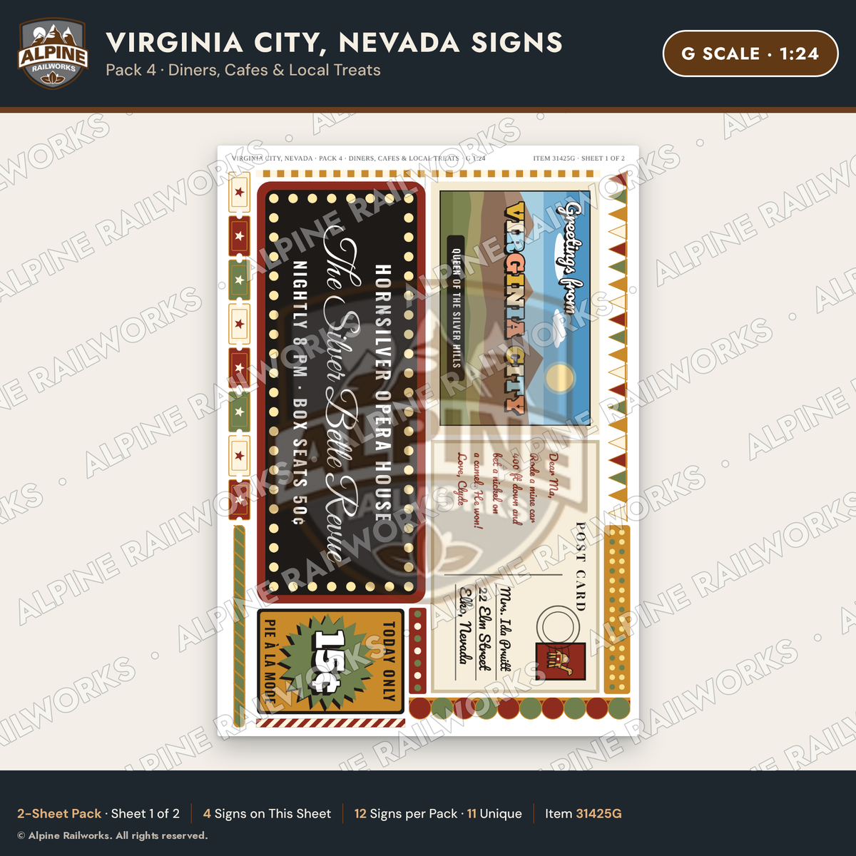 Alpine Railworks 31425G G Scale Virginia City NV Signs - Diners
