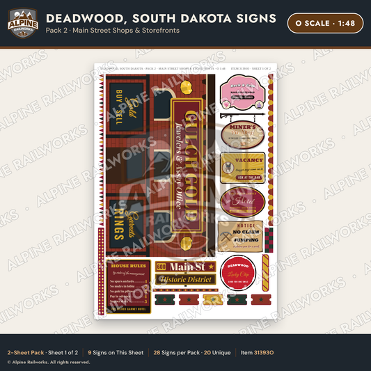 Alpine Railworks 31393O O Scale Deadwood SD Signs - Main Street Shops