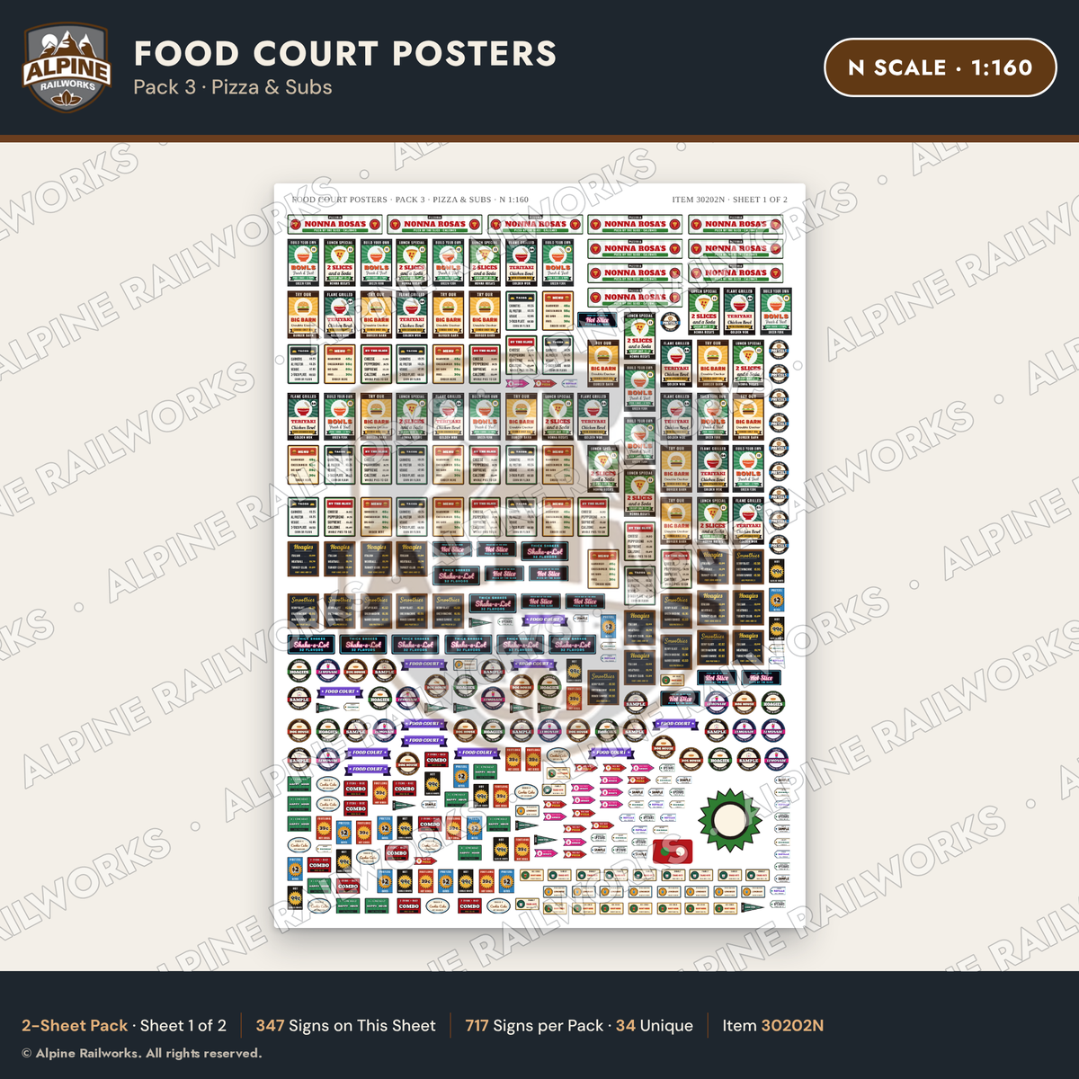 Alpine Railworks 30202N N Scale Food Court Posters - Pizza & Subs