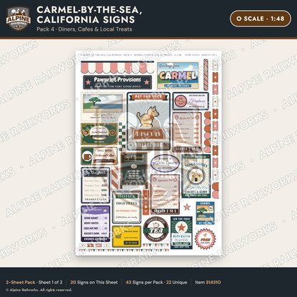 Alpine Railworks 31431O O Scale Carmel CA Signs - Diners & Cafes