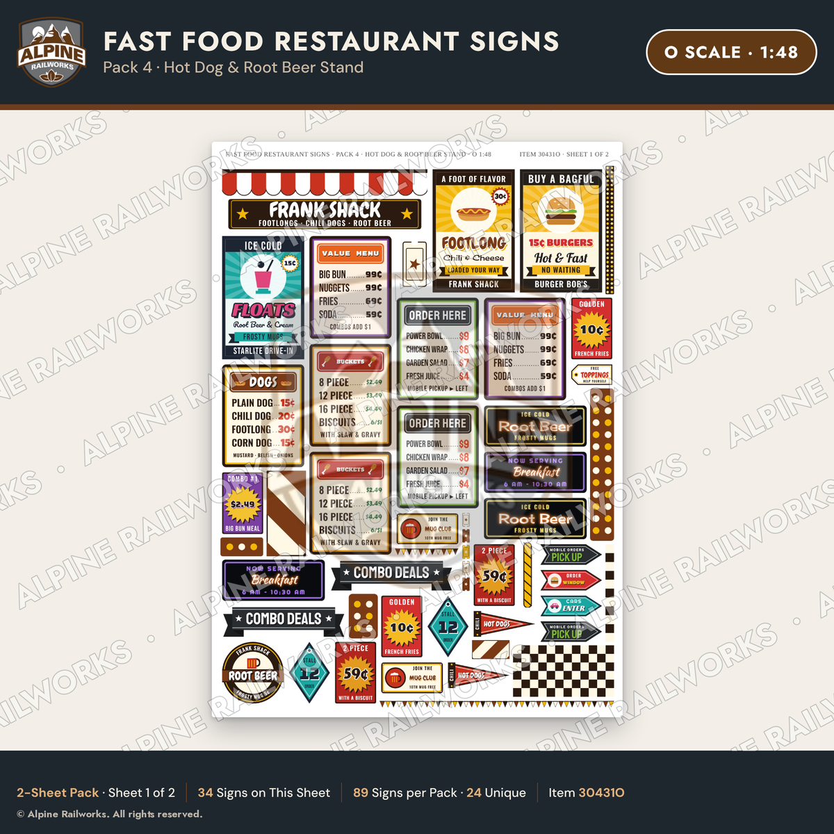 Alpine Railworks 30431O O Scale Fast Food Restaurant Signs - Hot Dog