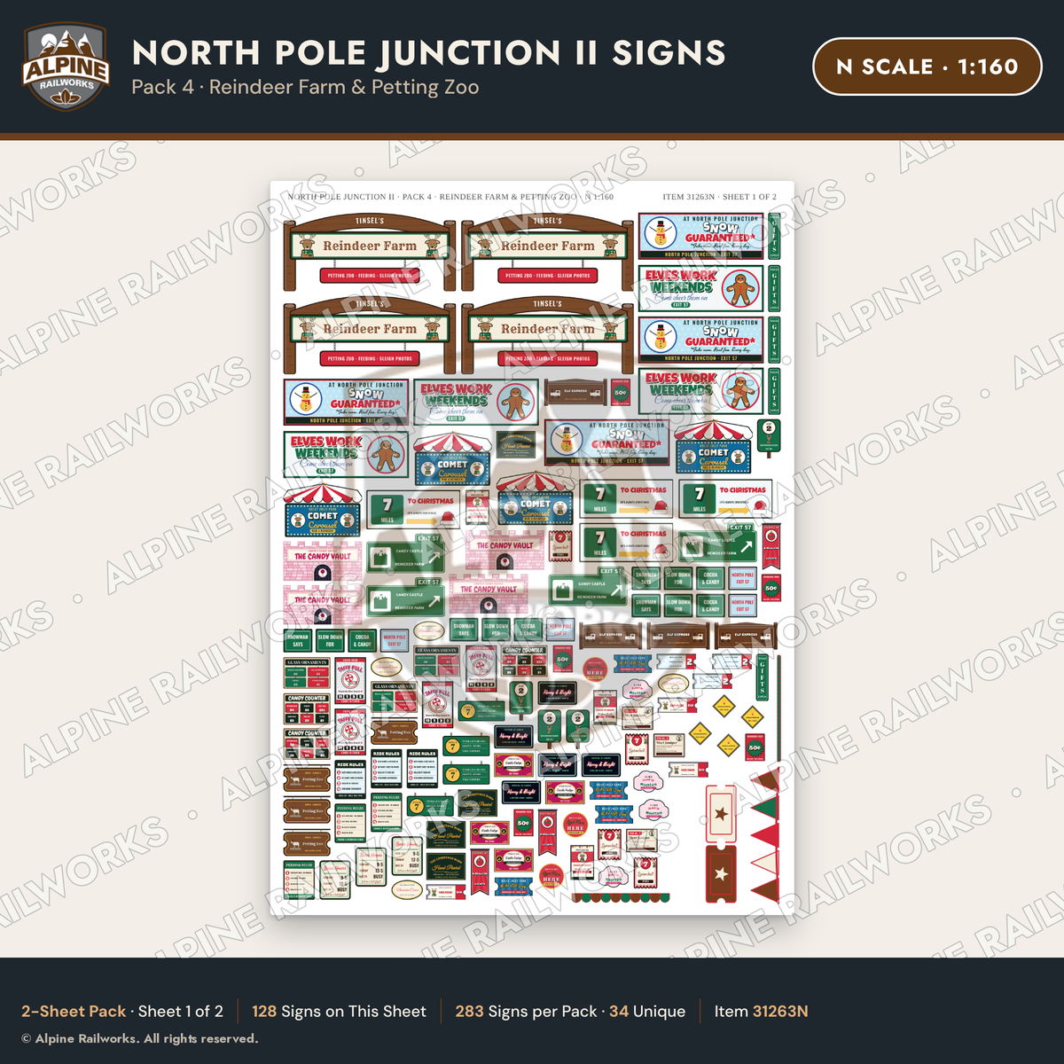Alpine Railworks 31263N N Scale Christmas Town Signs - Reindeer Farm