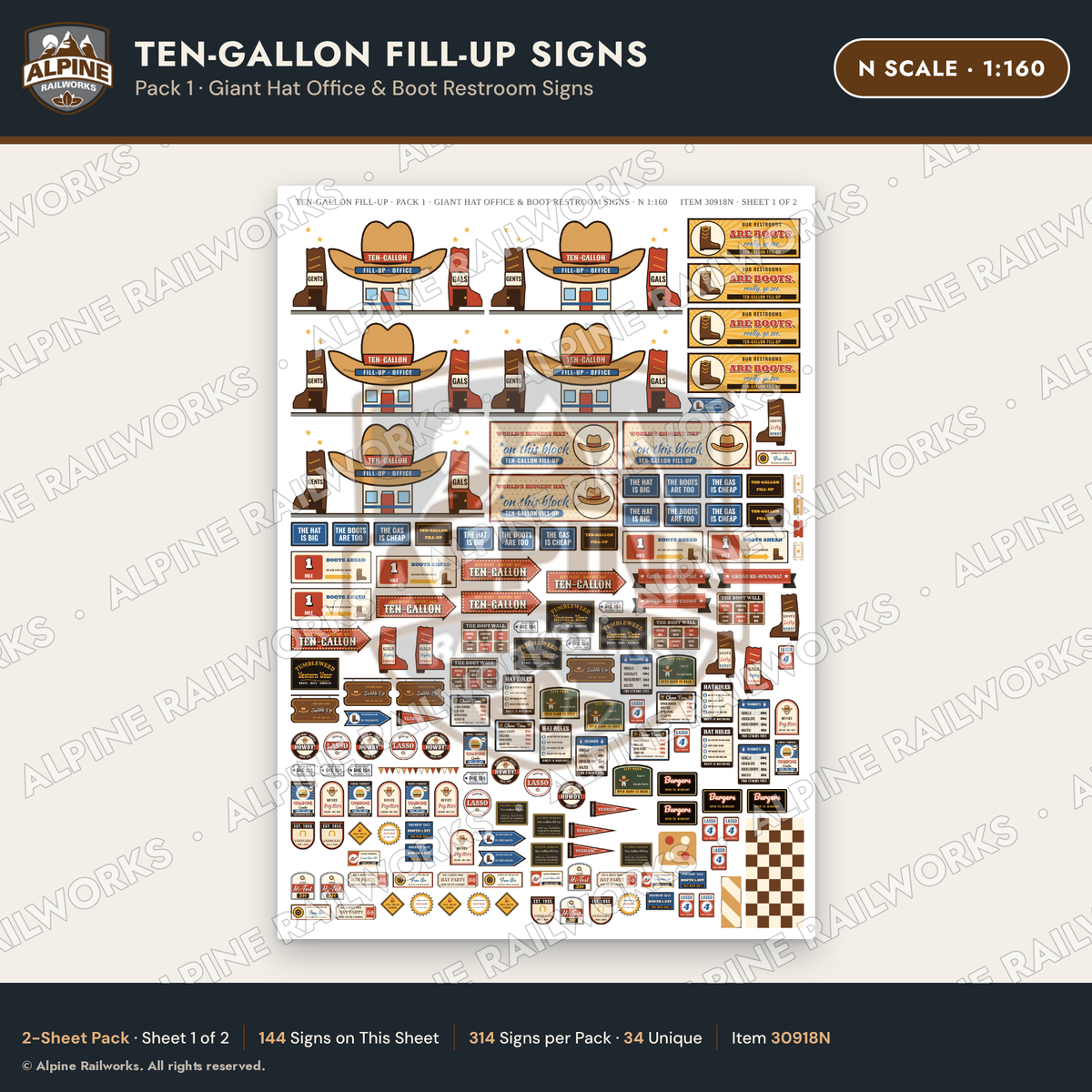 Alpine Railworks 30918N N Scale Roadside Attraction Signs - Cowboy Hat