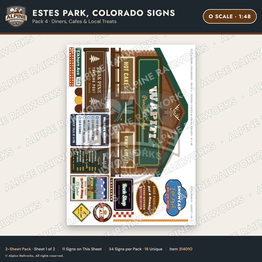 Alpine Railworks 31401O O Scale Estes Park CO Signs - Diners & Cafes
