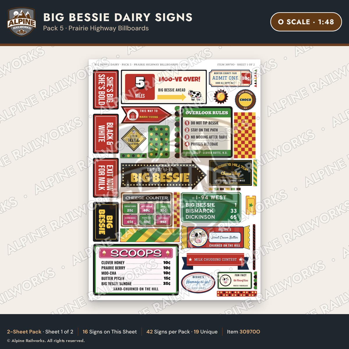 Alpine Railworks 30970O O Scale Roadside Signs - Giant Cow Dairy
