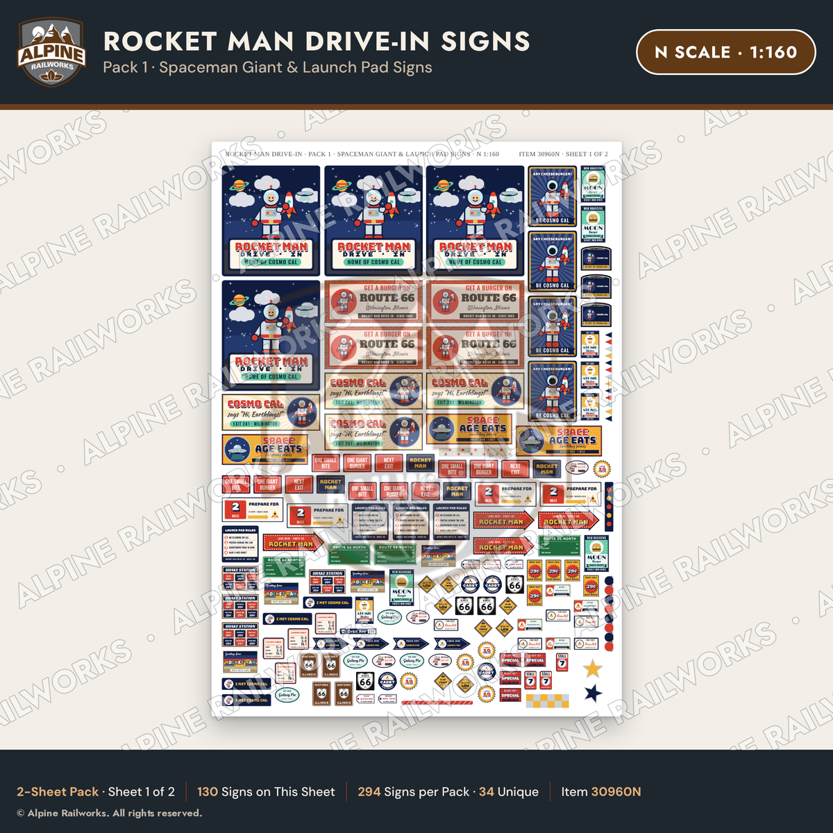 Alpine Railworks 30960N N Scale Roadside Signs - Spaceman Drive-In