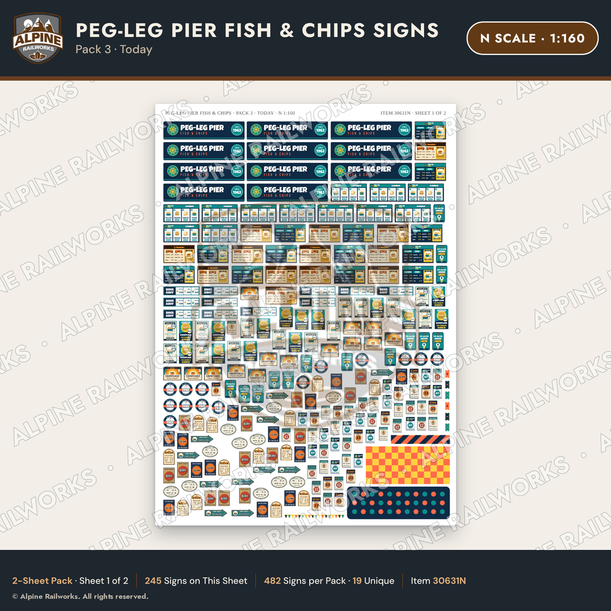 Alpine Railworks 30631N N Scale Fast Food Signs - Fish & Chips - Today