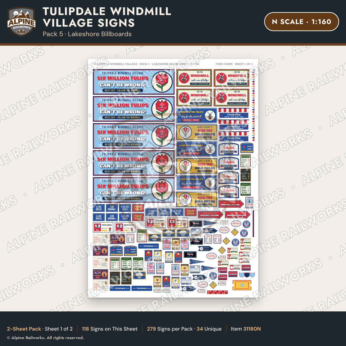 Alpine Railworks 31180N N Scale Roadside Signs - Windmill Village