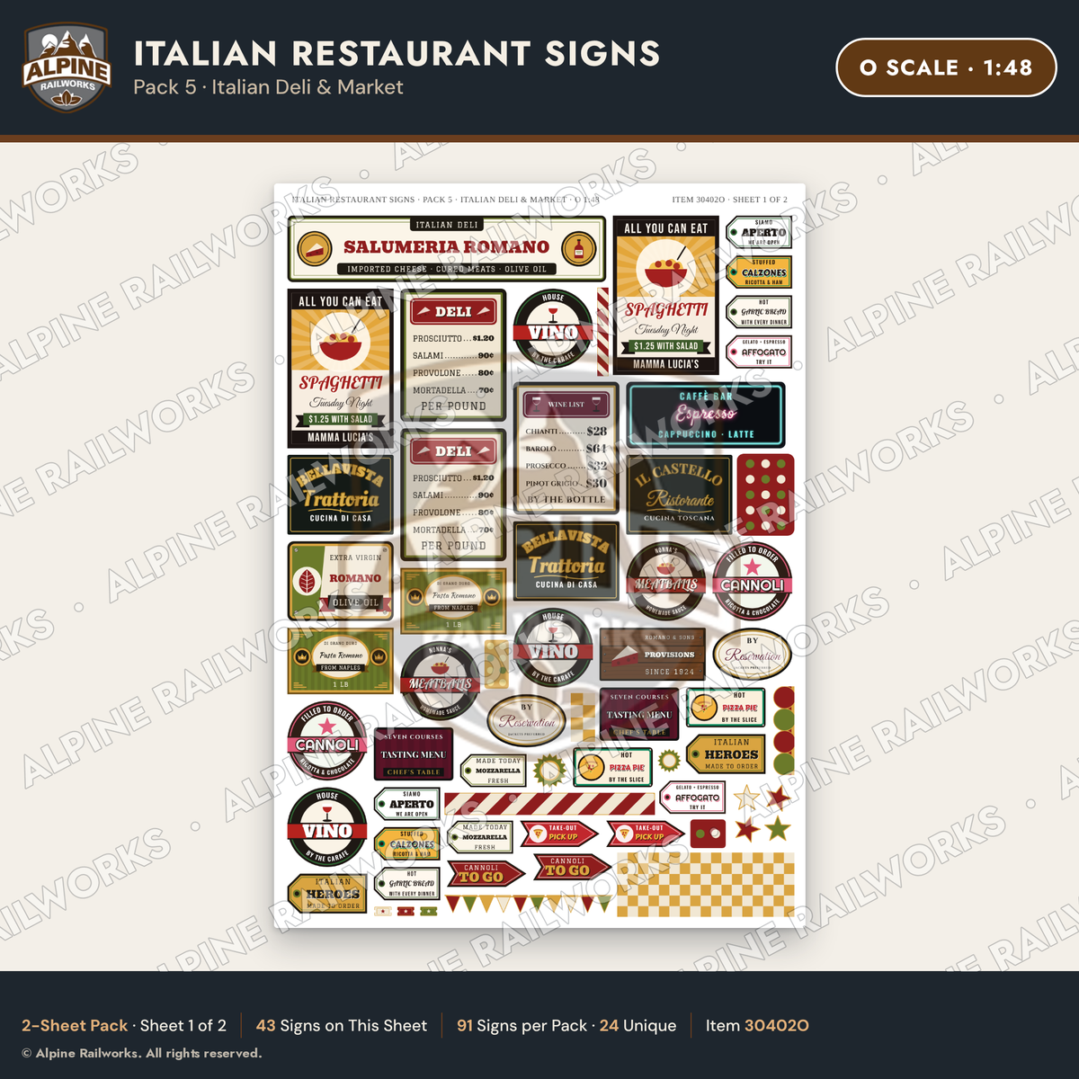 Alpine Railworks 30402O O Scale Italian Restaurant Signs