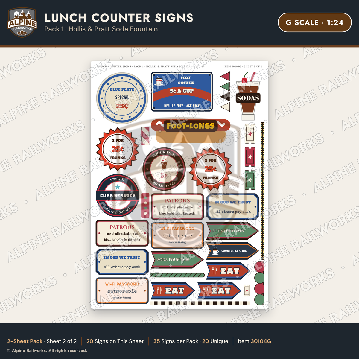Alpine Railworks 30104G G Scale Lunch Counter Signs - Hollis
