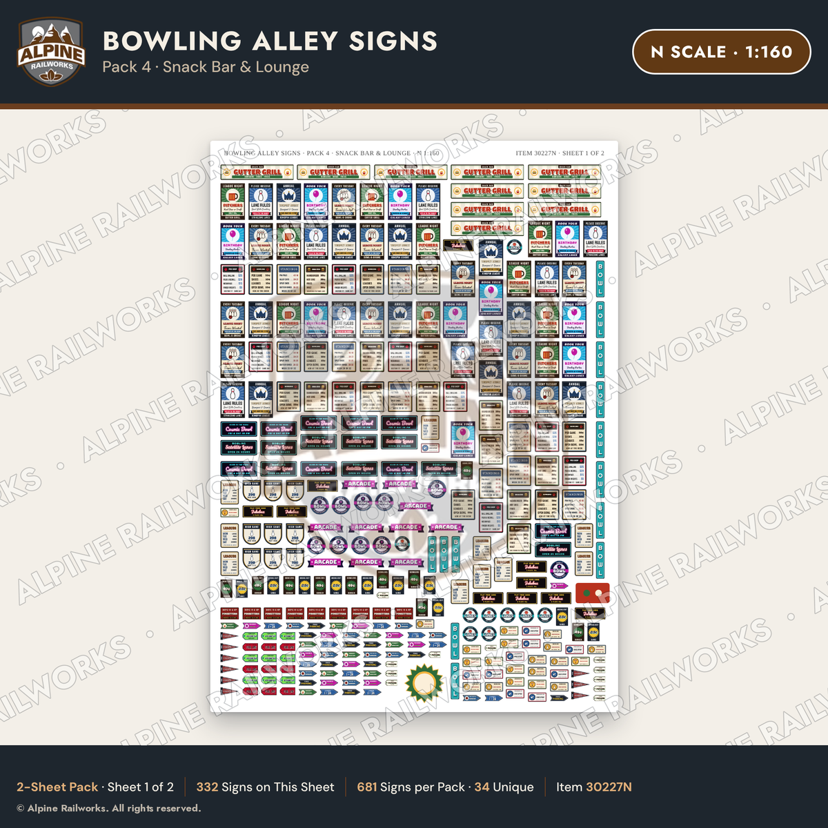 Alpine Railworks 30227N N Scale Bowling Alley Signs - Snack Bar