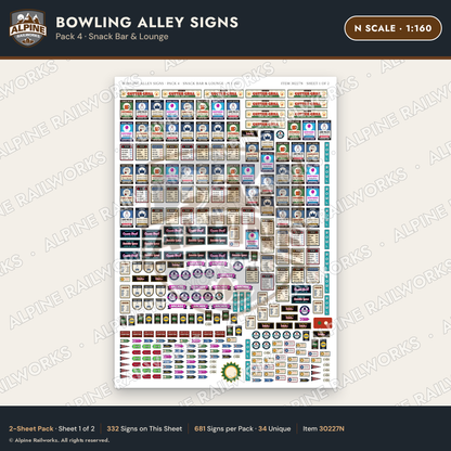 Alpine Railworks 30227N N Scale Bowling Alley Signs - Snack Bar