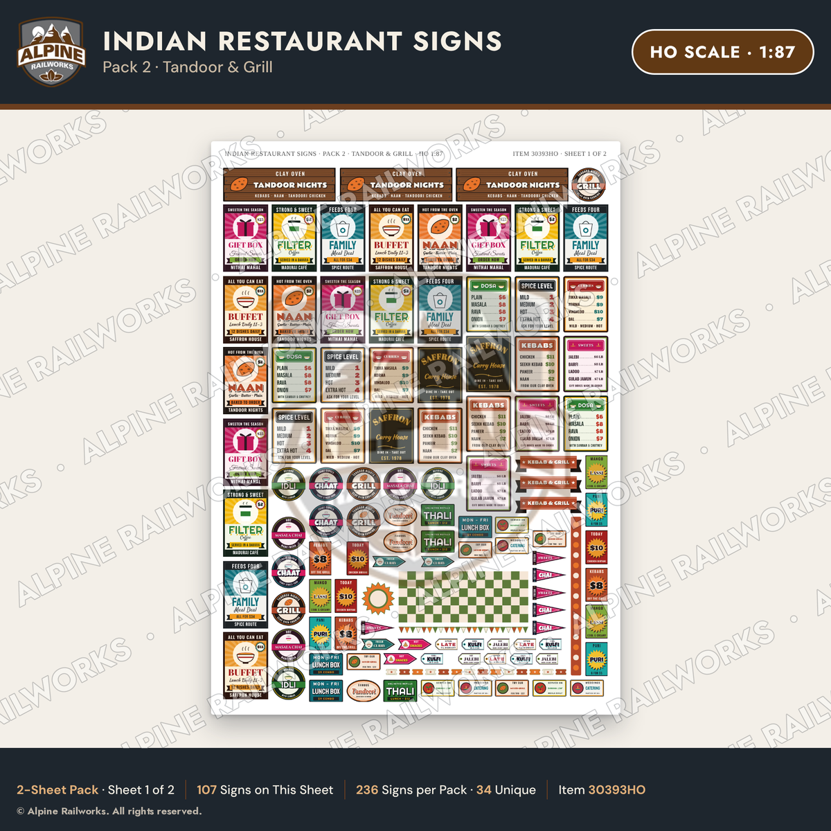Alpine Railworks 30393HO HO Scale Indian Restaurant Signs - Tandoor