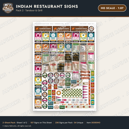 Alpine Railworks 30393HO HO Scale Indian Restaurant Signs - Tandoor