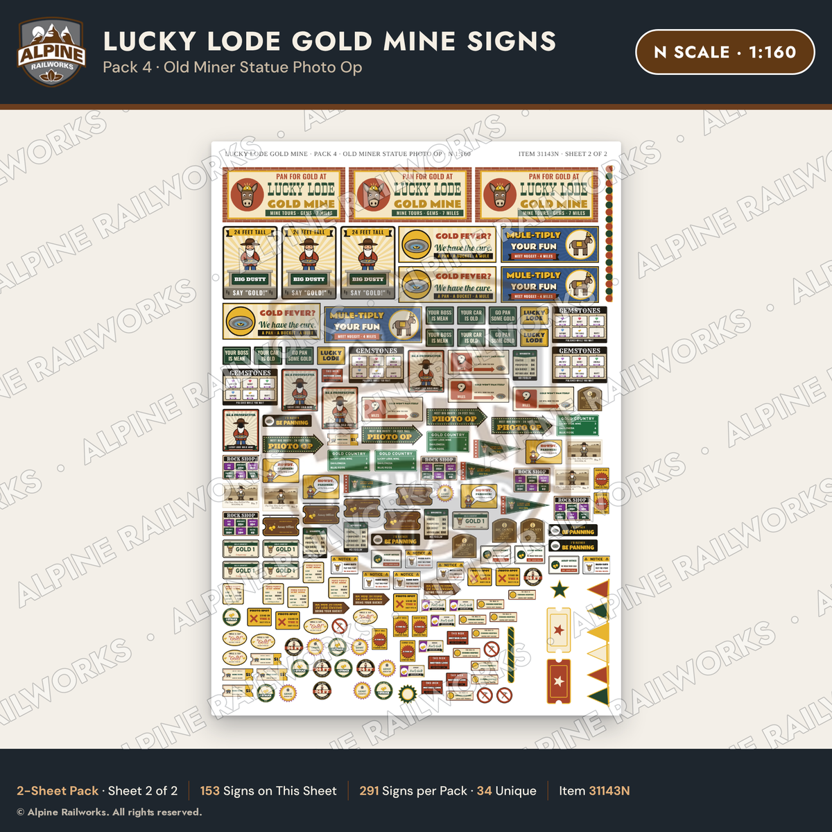 Alpine Railworks 31143N N Scale Roadside Signs - Gold Panning Mine
