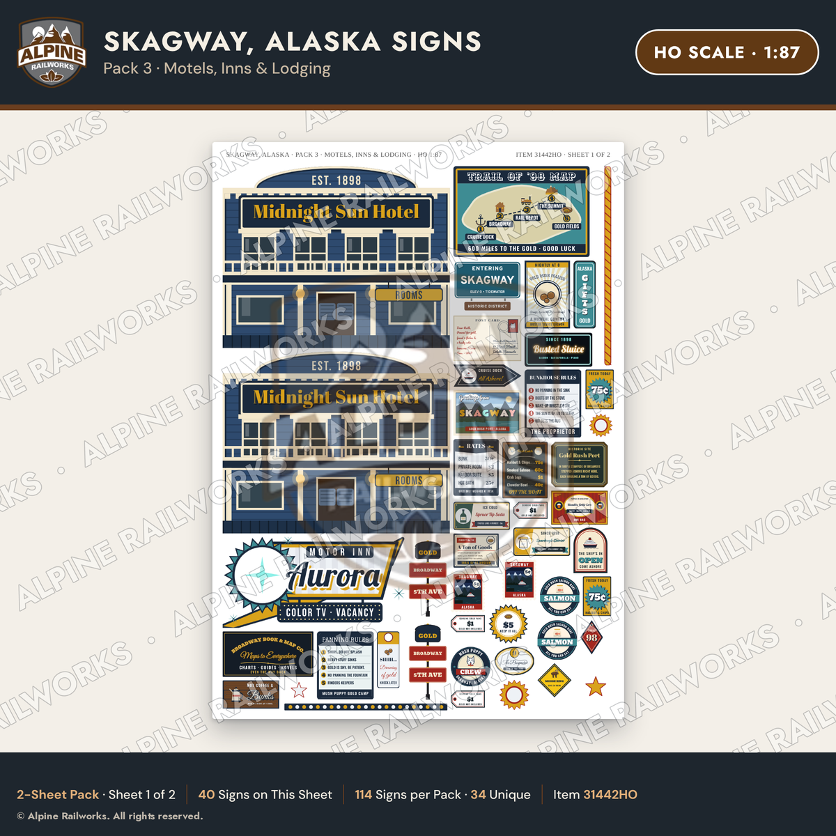Alpine Railworks 31442HO HO Scale Skagway AK Signs - Motels & Inns