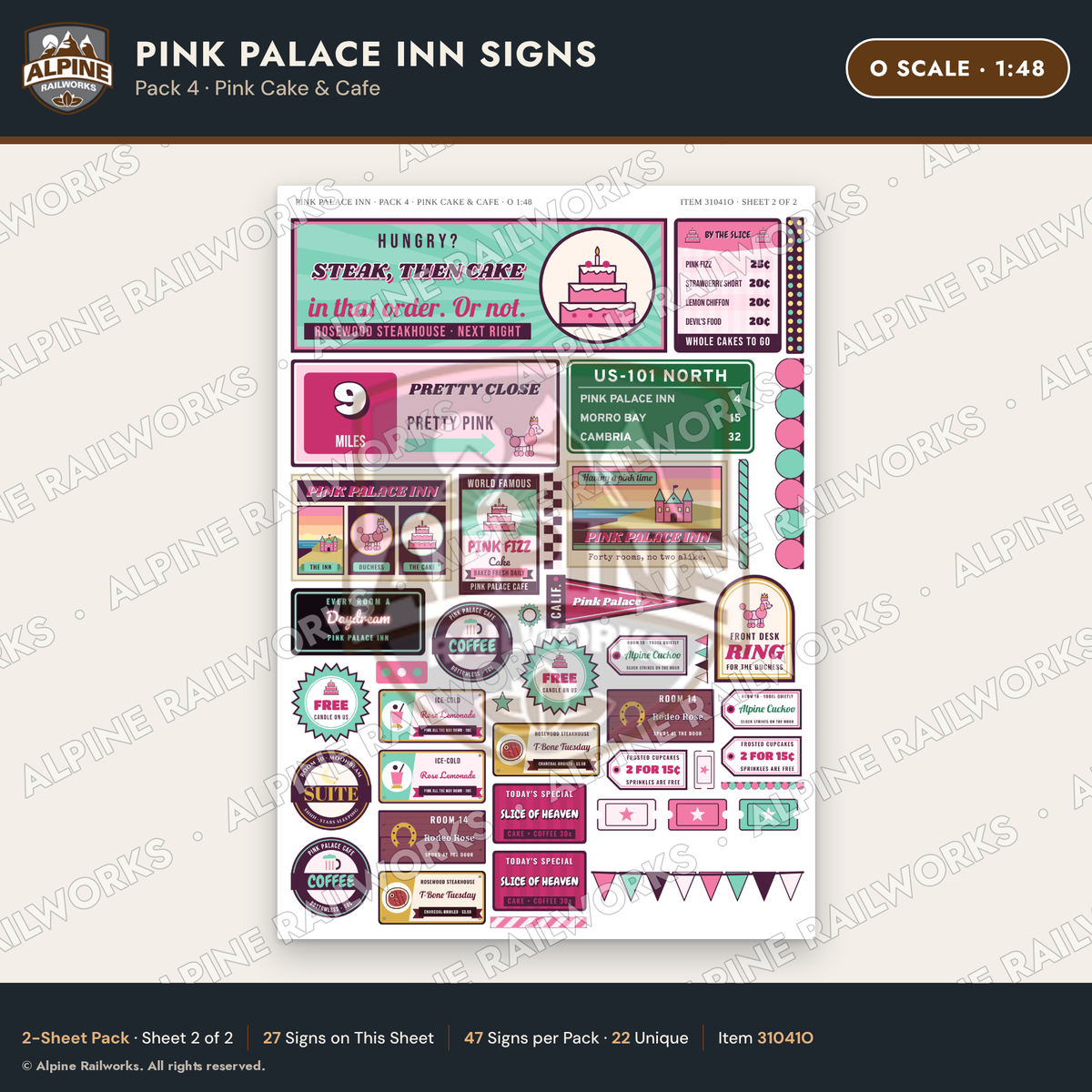Alpine Railworks 31041O O Scale Roadside Signs - Pink Themed Motel