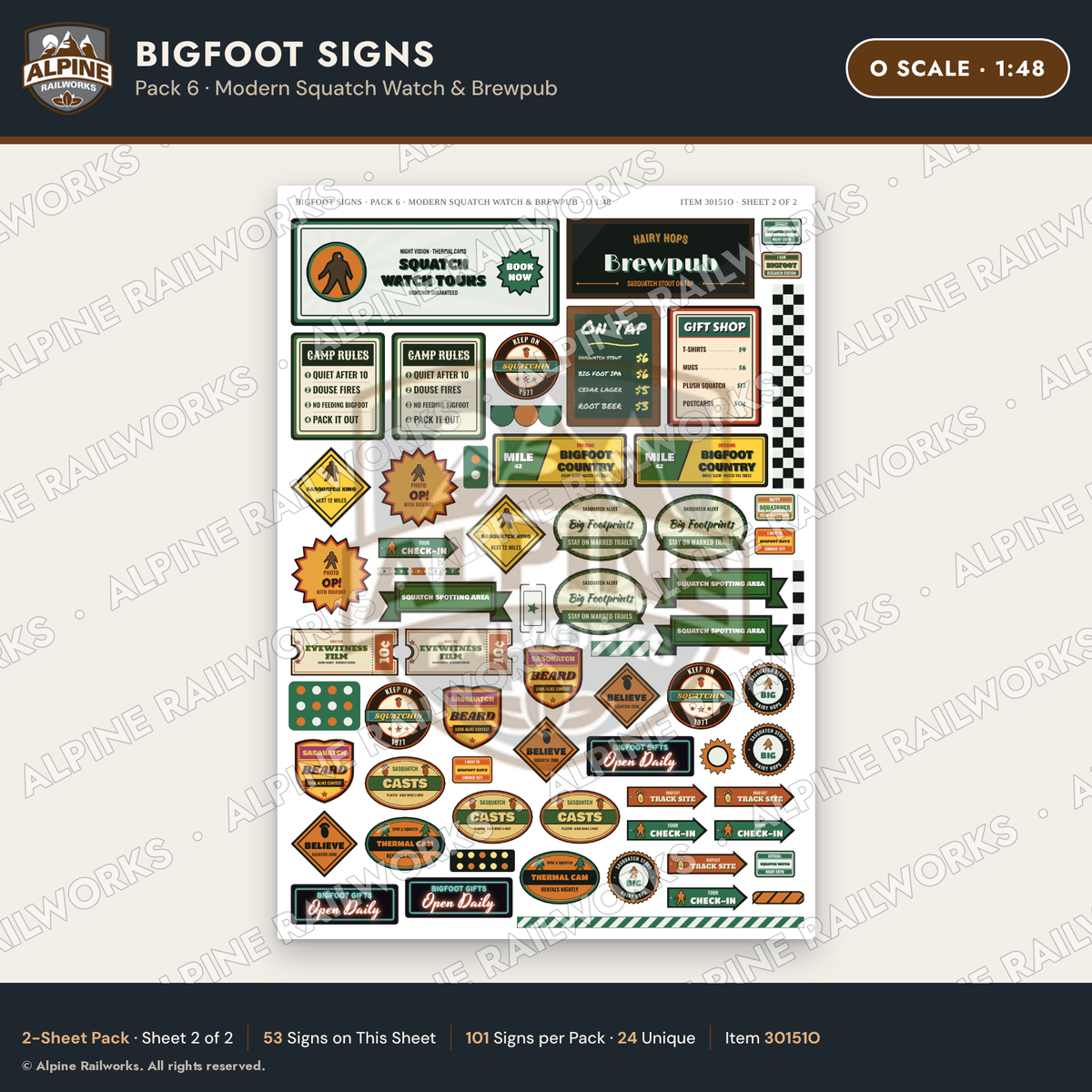 Alpine Railworks 30151O O Scale Bigfoot Signs - Modern Squatch Watch