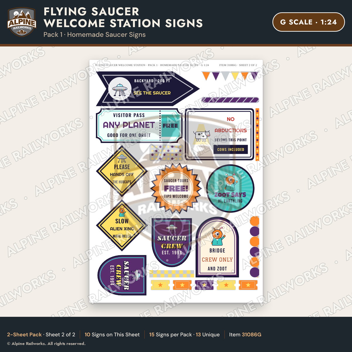 Alpine Railworks 31086G G Scale Roadside Signs - UFO Welcome Center