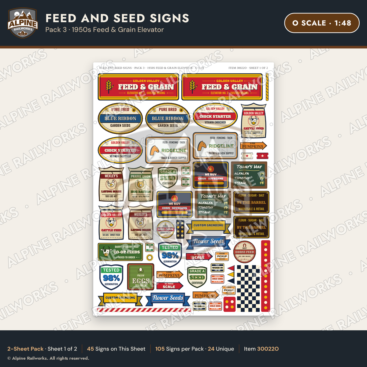 Alpine Railworks 30022O O Scale Feed and Seed Signs - 1950s Feed