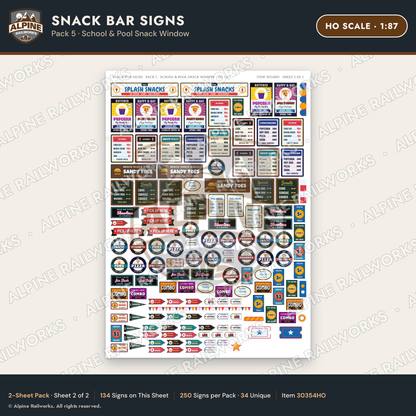 Alpine Railworks 30354HO HO Scale Snack Bar Signs - School