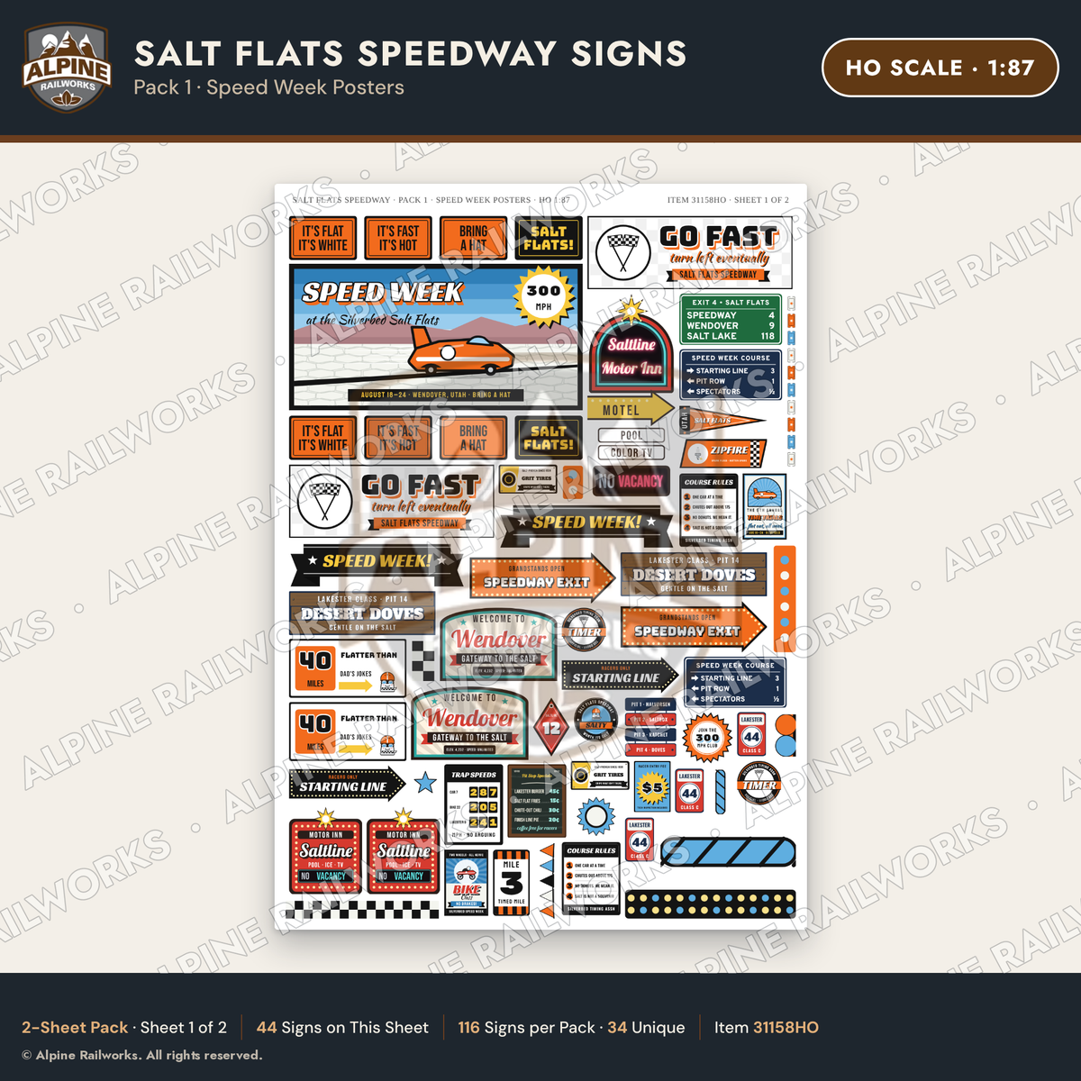 Alpine Railworks 31158HO HO Scale Racing Signs - Salt Flats Speedway