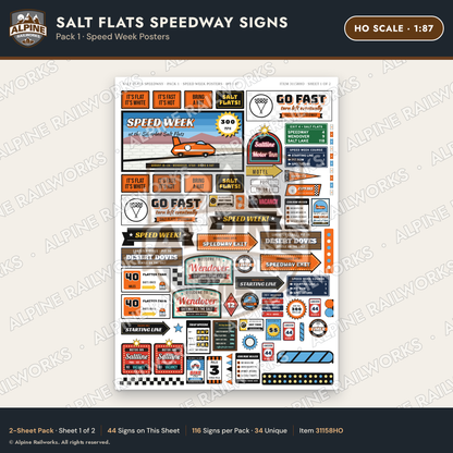Alpine Railworks 31158HO HO Scale Racing Signs - Salt Flats Speedway