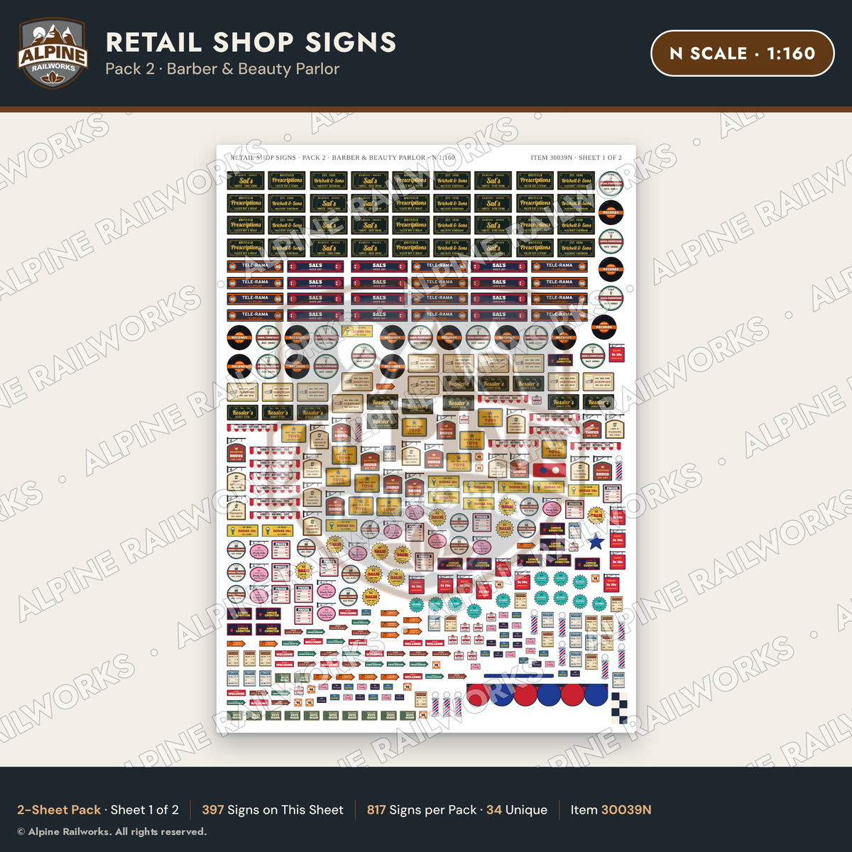 Alpine Railworks 30039N N Scale Retail Shop Signs - Barber