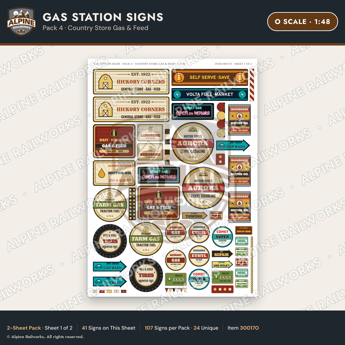 Alpine Railworks 30017O O Scale Gas Station Signs - Country Store Gas