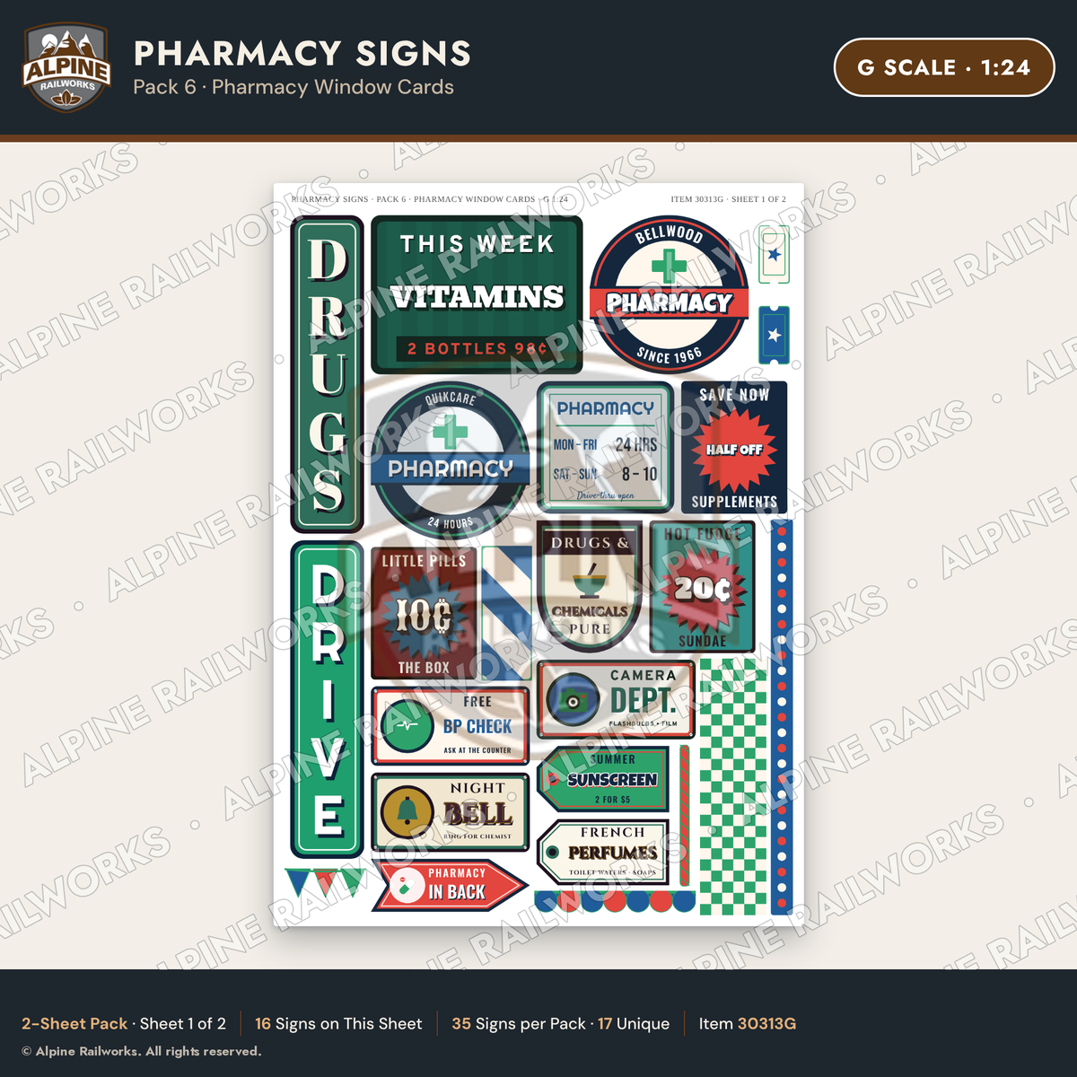 Alpine Railworks 30313G G Scale Pharmacy Signs - Pharmacy Window Cards