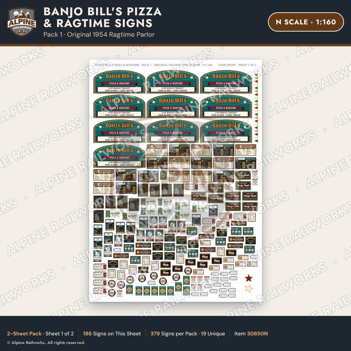 Alpine Railworks 30650N N Scale Restaurant Signs - Pizza & Music Hall