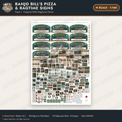 Alpine Railworks 30650N N Scale Restaurant Signs - Pizza & Music Hall