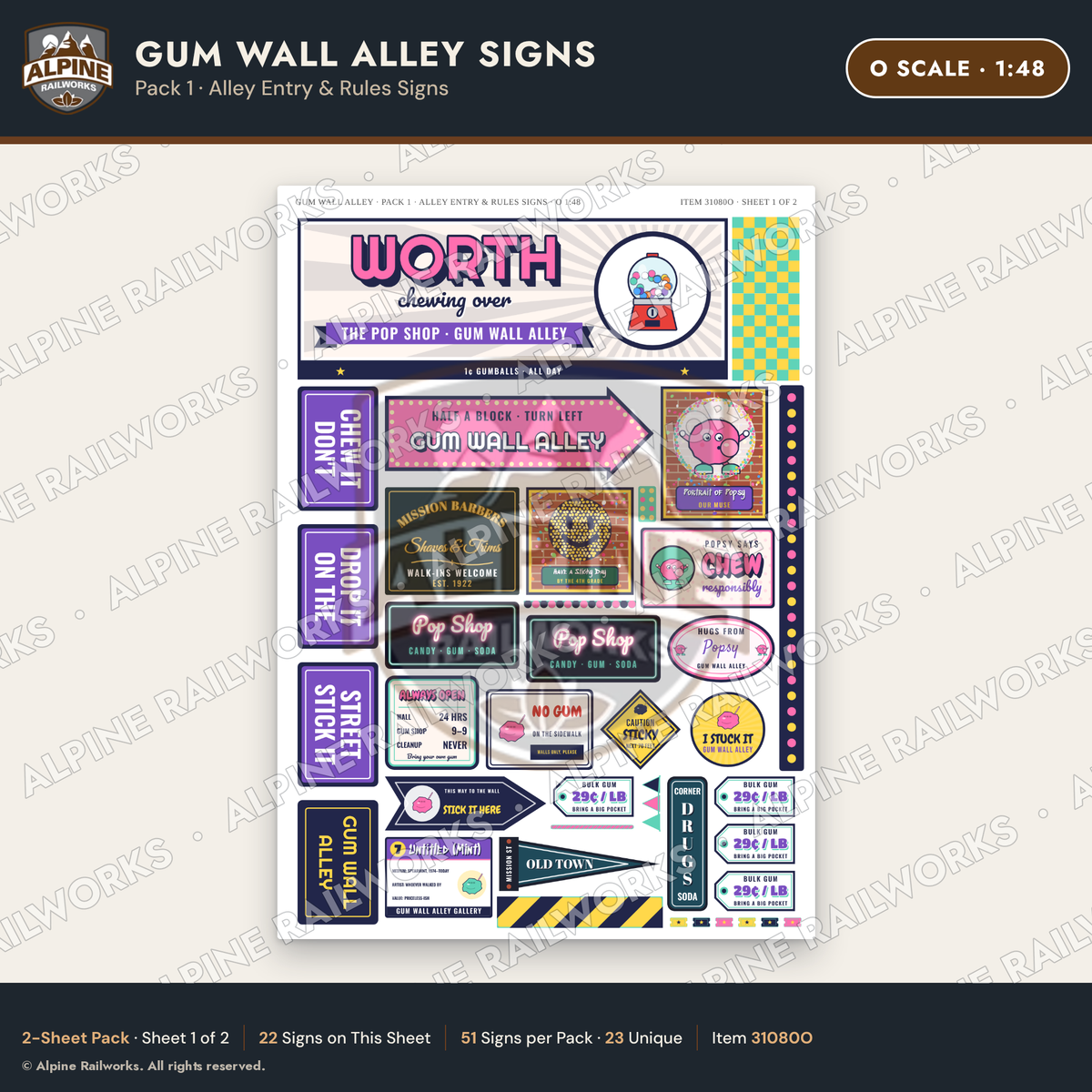 Alpine Railworks 31080O O Scale Roadside Signs - Bubblegum Alley
